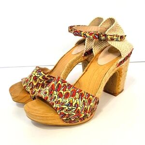 RAS Anthro Leafy Red Botanical Jute Heel Wooden Artsy Boho Espadrille Sandal